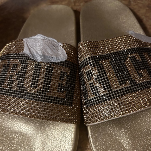 True Religion Bedazzled Gold Slides - Picture 1 of 6